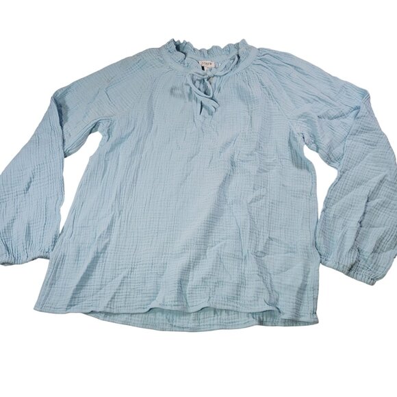 J.Crew Women Light Blue Cotton Gauze Ruffled Neck Long Sleeve Blouse Size M - Picture 1 of 8